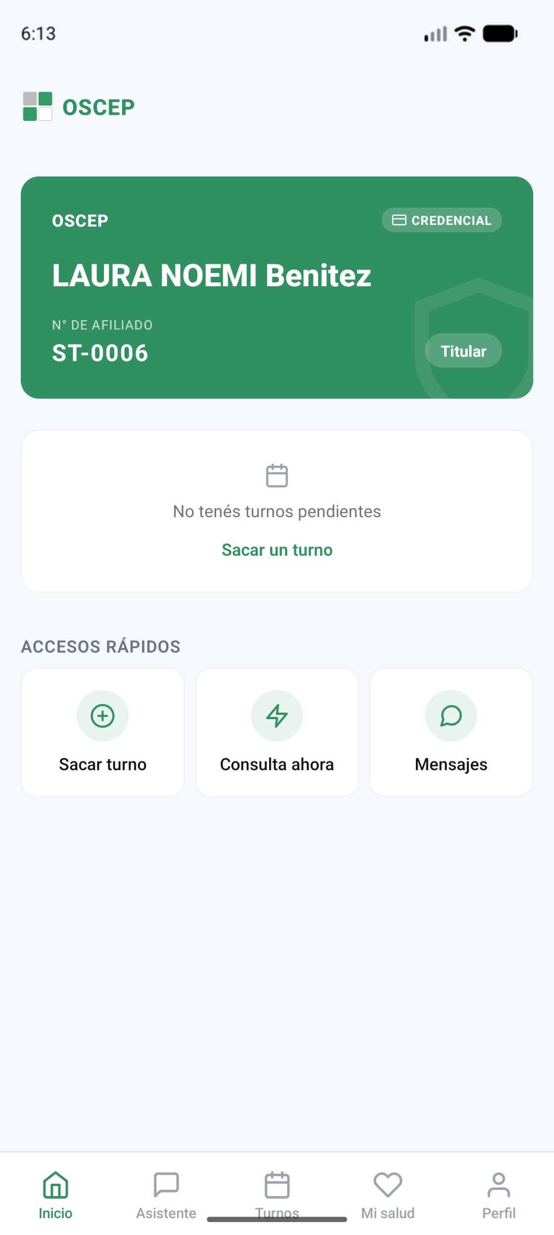 Inicio de la app de OSCEP: credencial digital del afiliado